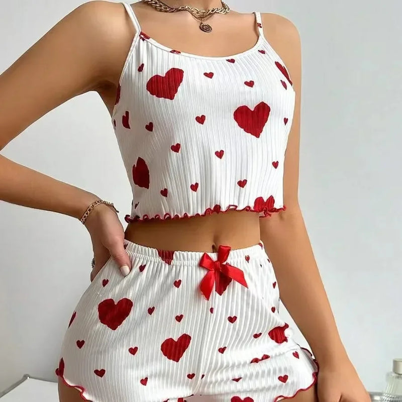 Novo Conjunto de Baby Doll Feminino 2 PCS Soft Casual Amor Estampado Regatas e Shorts  Lingerie