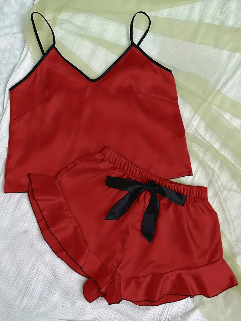 Pijama feminino de cetim liso, camiseta com decote em V, bordas franzidas e shorts com laço, conjunto de pijama simples e respirável