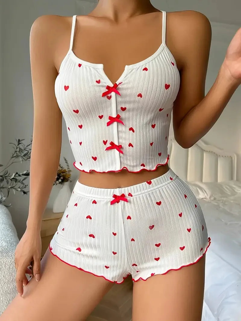 Conjunto de pijamas femininos com estampa de coração, com babados sedutores, conjunto casual de top e shorts, roupa de dormir