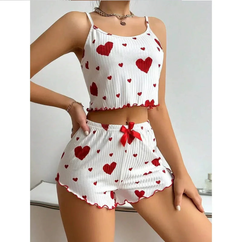 Novo Conjunto de Baby Doll Feminino 2 PCS Soft Casual Amor Estampado Regatas e Shorts  Lingerie