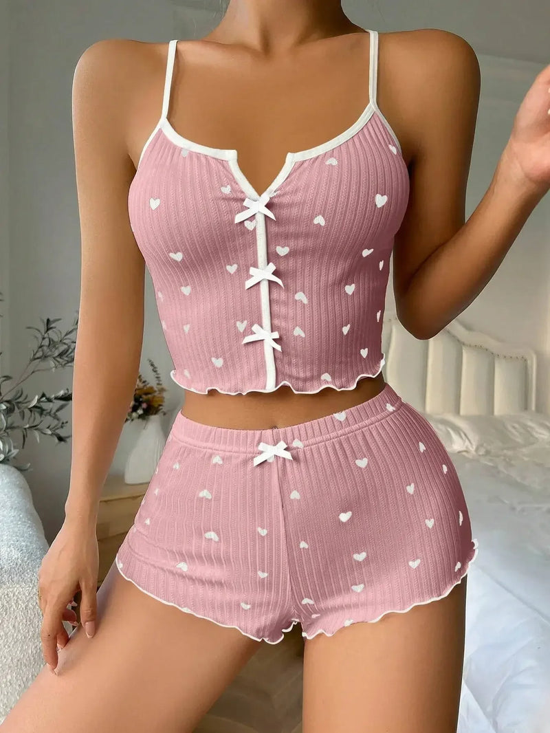 Conjunto de pijamas femininos com estampa de coração, com babados sedutores, conjunto casual de top e shorts, roupa de dormir