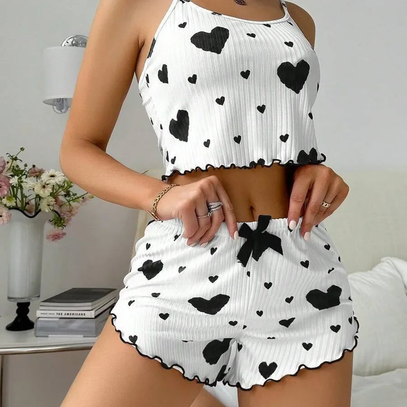 Novo Conjunto de Baby Doll Feminino 2 PCS Soft Casual Amor Estampado Regatas e Shorts  Lingerie