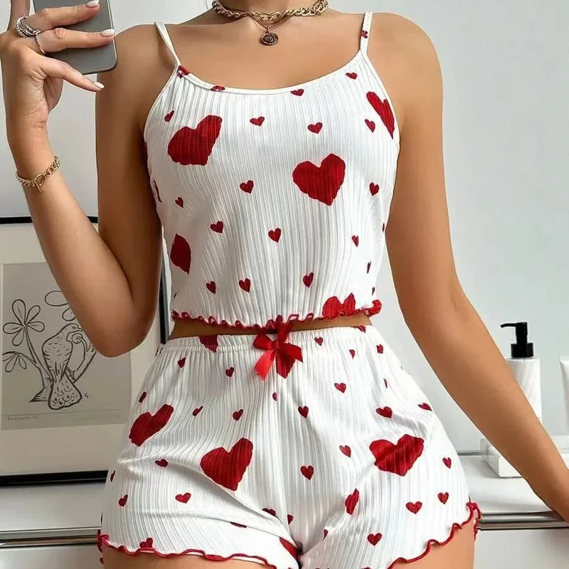 Novo Conjunto de Baby Doll Feminino 2 PCS Soft Casual Amor Estampado Regatas e Shorts  Lingerie