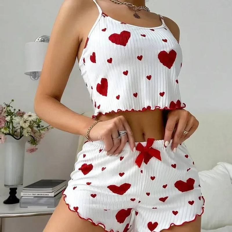 Novo Conjunto de Baby Doll Feminino 2 PCS Soft Casual Amor Estampado Regatas e Shorts  Lingerie