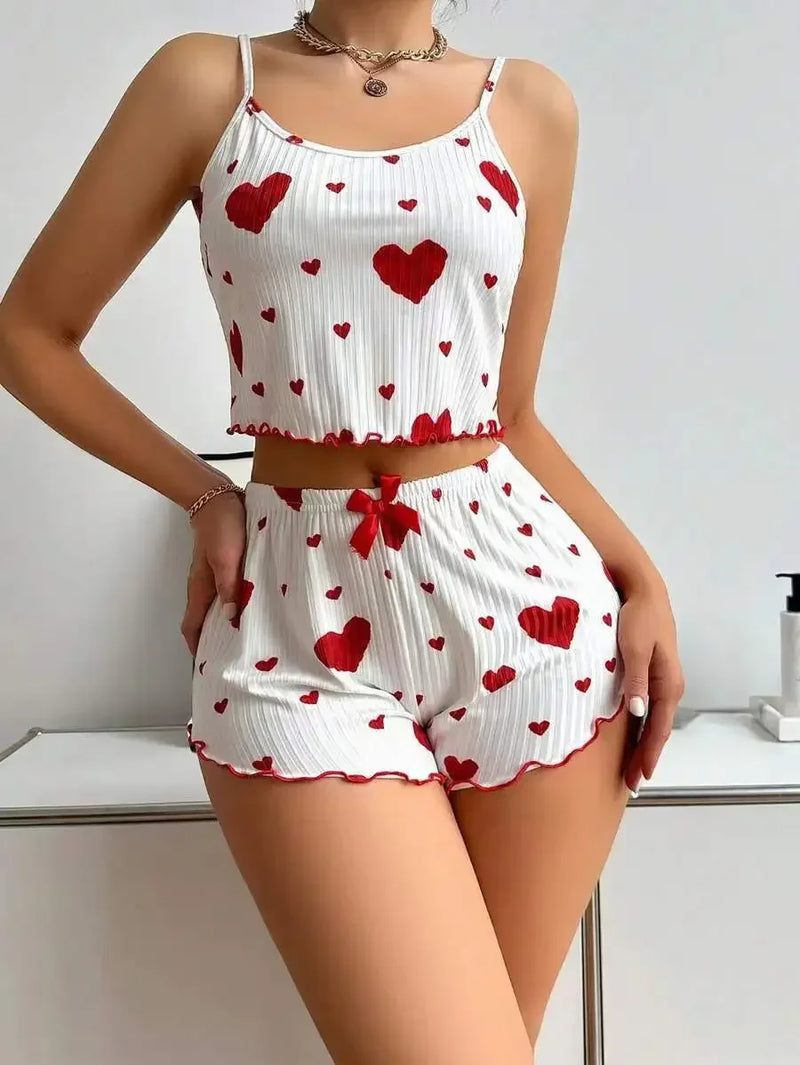 Novo Conjunto de Baby Doll Feminino 2 PCS Soft Casual Amor Estampado Regatas e Shorts  Lingerie