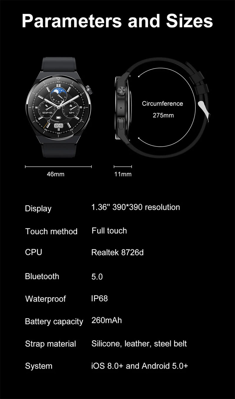 For Huawei GT3 Pro Smart Watch Men AMOLED 390*390 HD Screen Heart Rate NFC Bluetooth Call IP68 Waterproof SmartWatch 2024 New