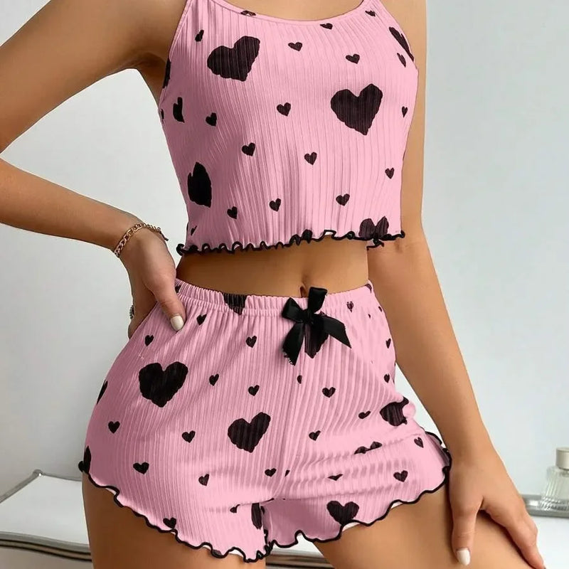 Novo Conjunto de Baby Doll Feminino 2 PCS Soft Casual Amor Estampado Regatas e Shorts  Lingerie